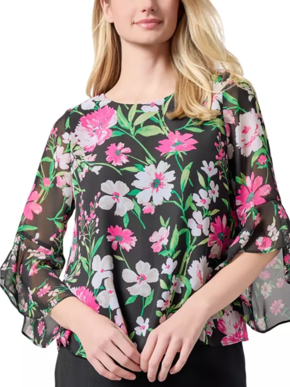 Kasper Floral  Chiffon Bell-Sleeve Top - Black/Pink NWT $69 size XS